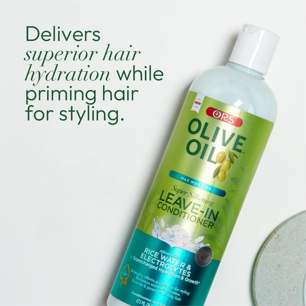ORS Olive Oil Max Moisture leave in application on damp hair for smoother strands