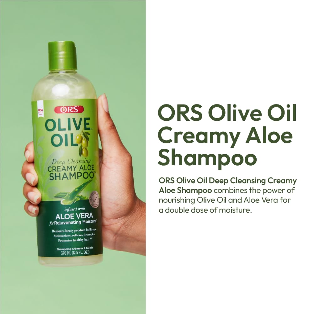ORS Olive Oil Moisture Restore shampoo being poured highlights hydration and gentle cleansing