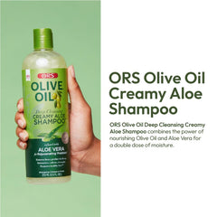 ORS Olive Oil Moisture Restore shampoo being poured highlights hydration and gentle cleansing