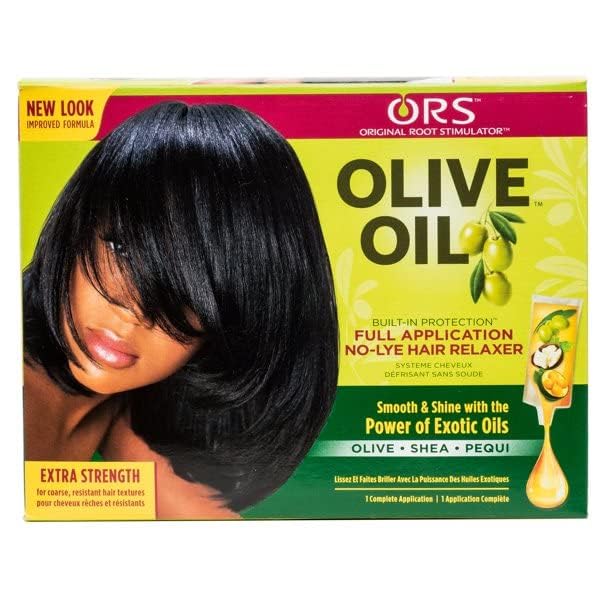 ORS Olive Oil no-lye relaxer packaging close-up indicates safer at-home use.