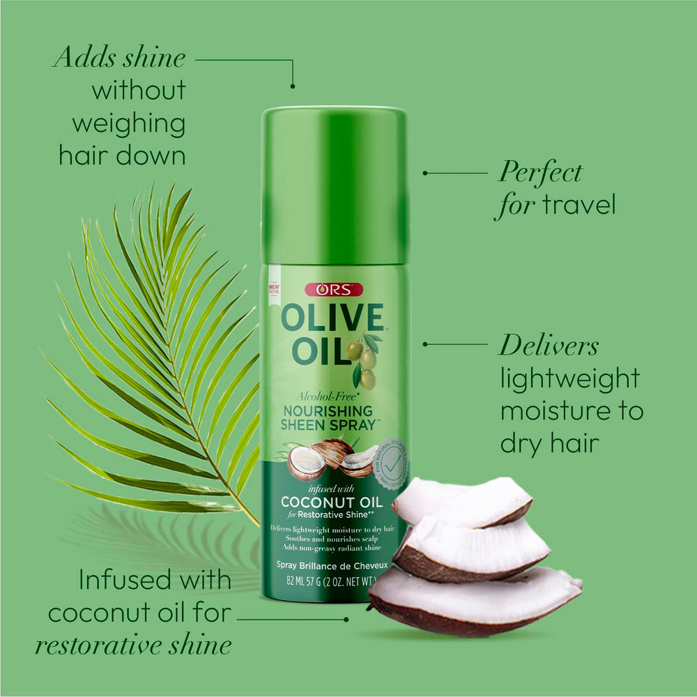 ORS Olive Oil Nourishing Sheen Spray application mist enhances moisture for textured hair.