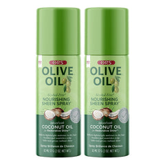 ORS Olive Oil Nourishing Sheen Spray bottle delivers non-greasy shine and easy styling.