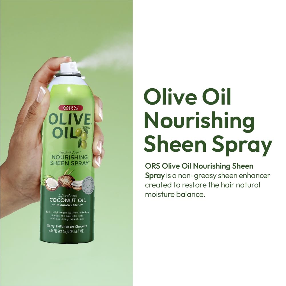 ORS Olive Oil Nourishing Sheen Spray on curls delivers radiant shine up close.