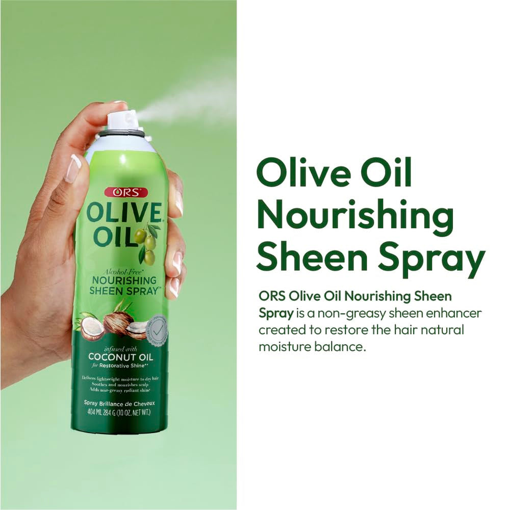 ORS Olive Oil Nourishing Sheen Spray on curls delivers radiant shine up close.