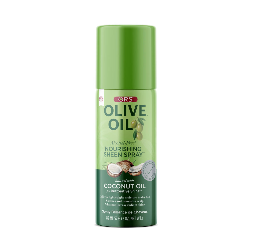 ORS Olive Oil Nourishing Sheen Spray hair closeup shows silky shine without weigh-down.