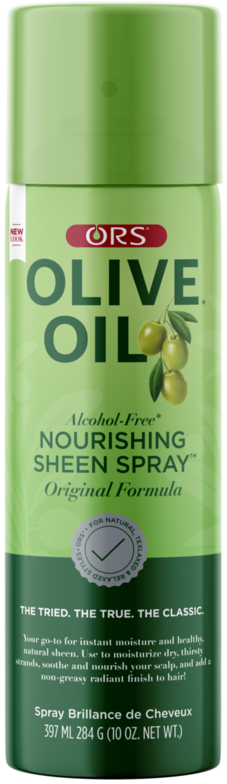 ORS Olive Oil Nourishing Sheen Spray bottle delivering non-greasy shine and moisture