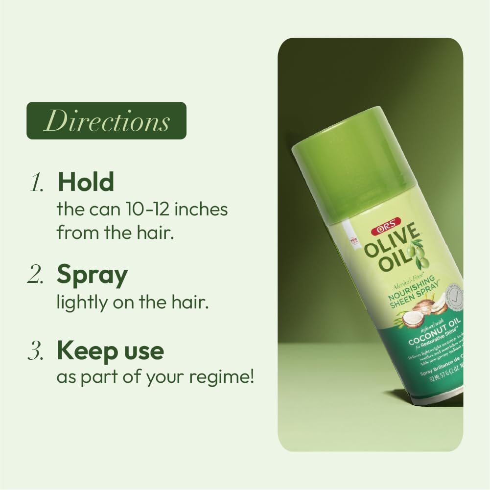 ORS Olive Oil Nourishing Sheen Spray uses herbal extracts for renewed styling flexibility.