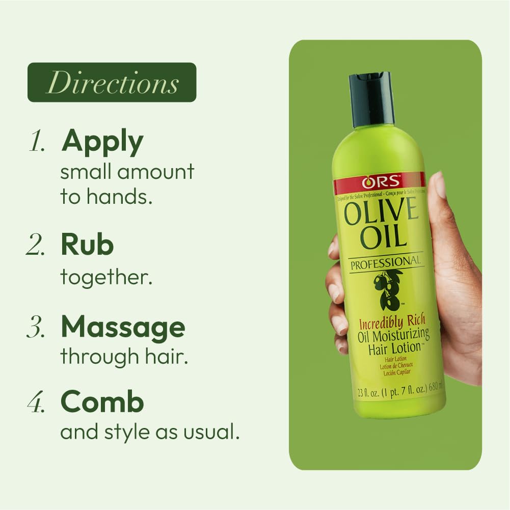 ORS Olive Oil Professional Rich Hair Lotion after-styling glance shows silky, shiny finish