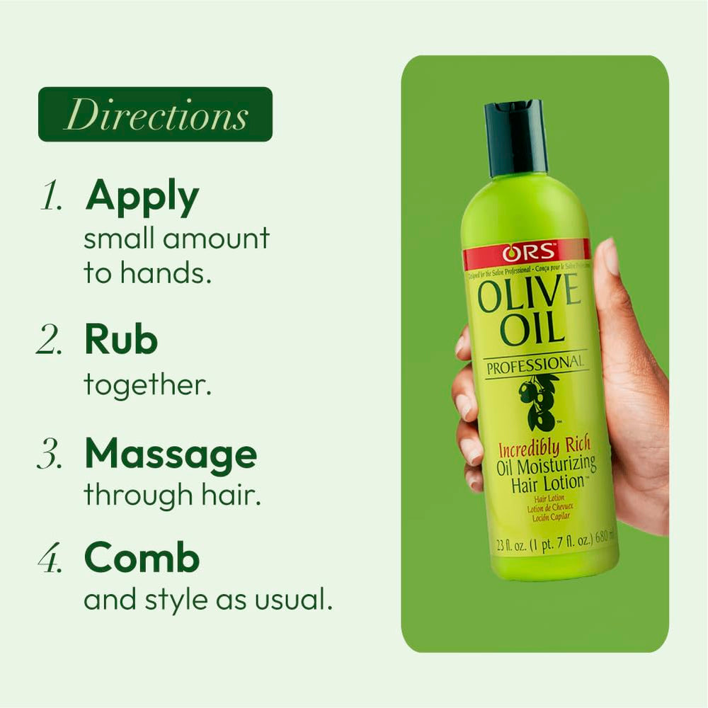 ORS Olive Oil Professional Rich Hair Lotion after-styling glance shows silky, shiny finish