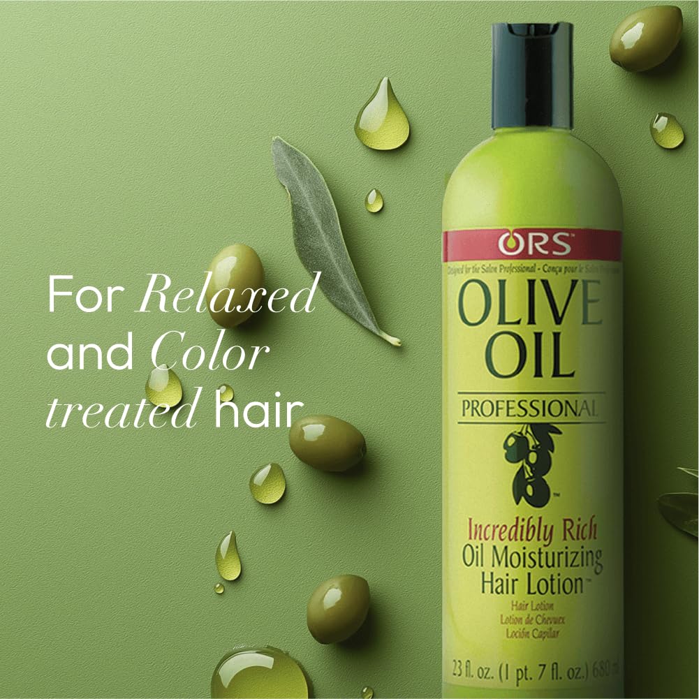 ORS Olive Oil Professional Rich Hair Lotion close-up-ingredients lists olive, coconut, castor oils