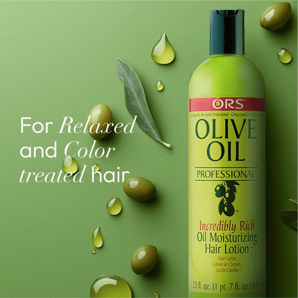 ORS Olive Oil Professional Rich Hair Lotion close-up-ingredients lists olive, coconut, castor oils