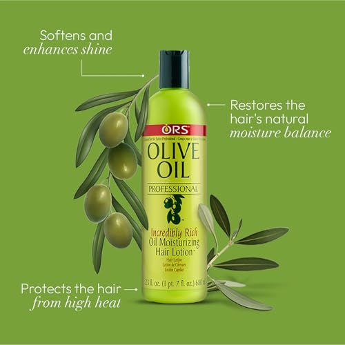 ORS Olive Oil Professional Rich Hair Lotion pump-top demonstrates easy application for smooth styling