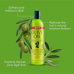ORS Olive Oil Professional Rich Hair Lotion pump-top demonstrates easy application for smooth styling
