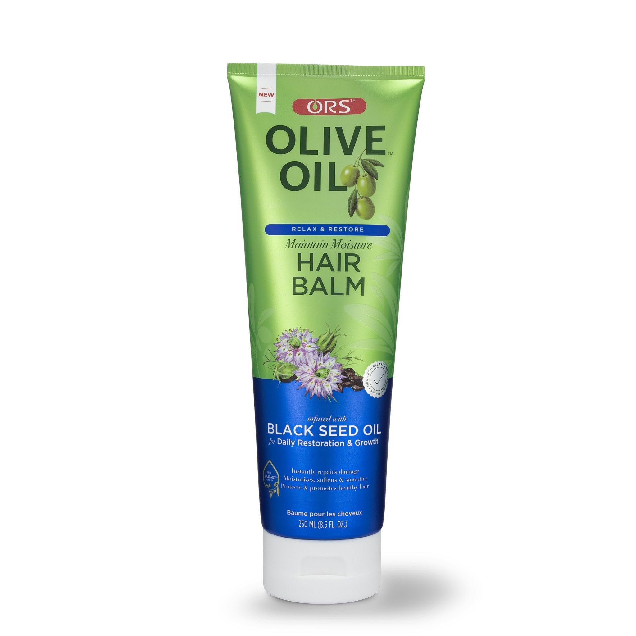 ORS Olive Oil Relax & Restore balm bottle promotes hydration and easier detangling.