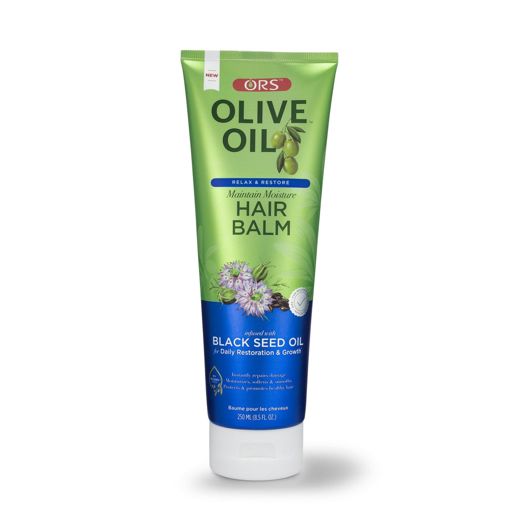 ORS Olive Oil Relax & Restore balm bottle promotes hydration and easier detangling.