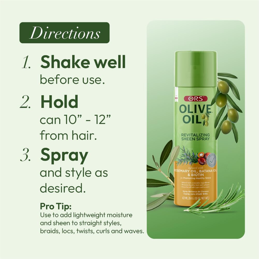 All hair types approved: ORS spray providing radiant shine without buildup.
