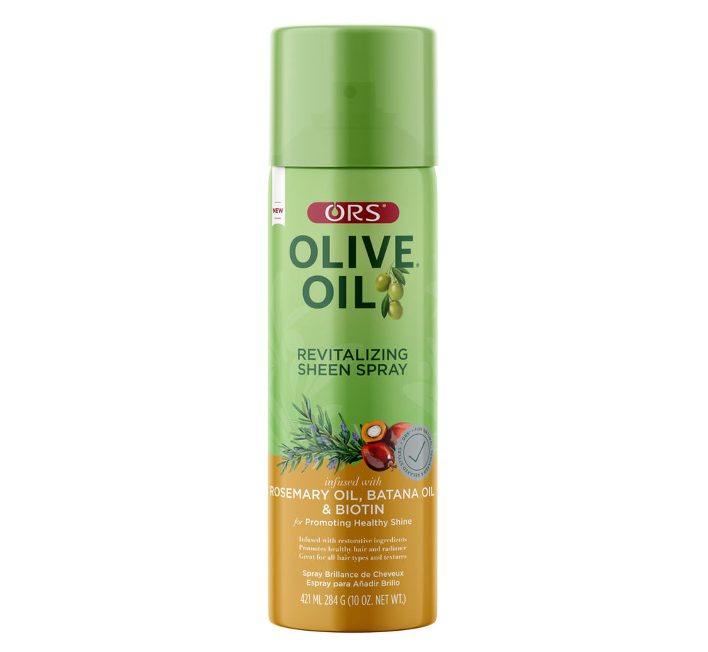 ORS Olive Oil Revitalizing Sheen Spray bottle showing lightweight moisture and shine.