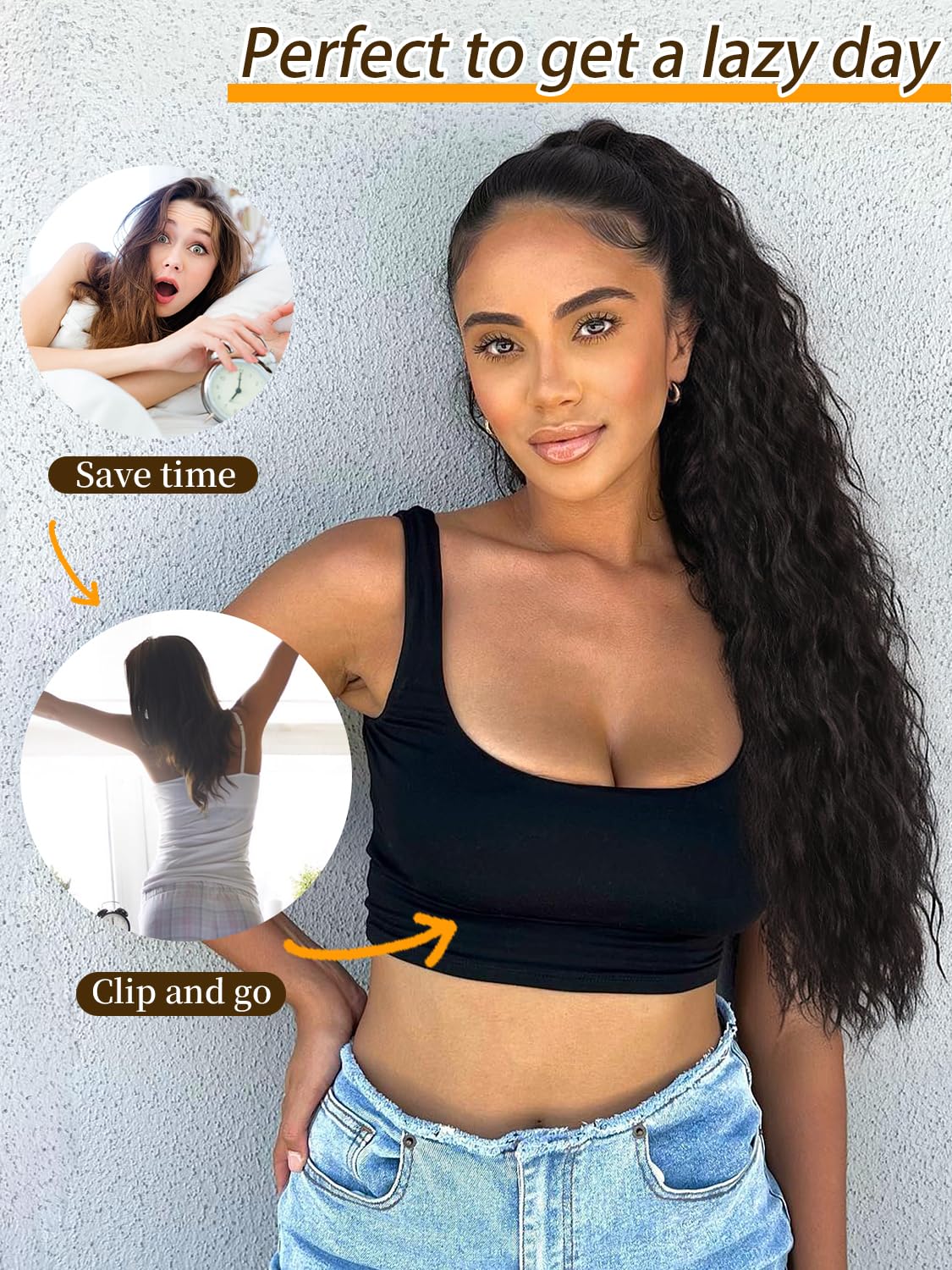ORSUNCER 30inch curly black ponytail on model offers dramatic volume for special occasions.