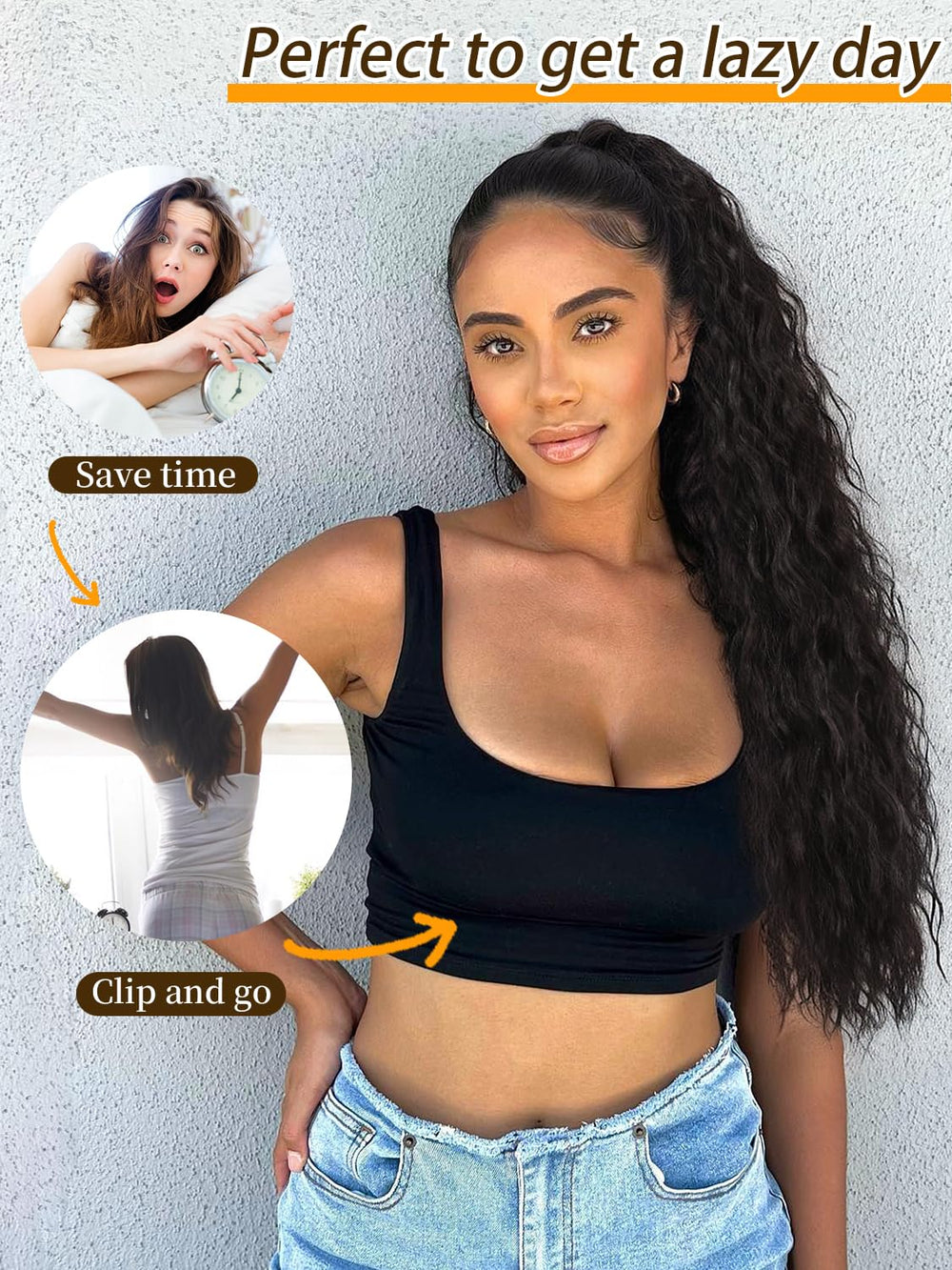 ORSUNCER 30inch curly black ponytail on model offers dramatic volume for special occasions.