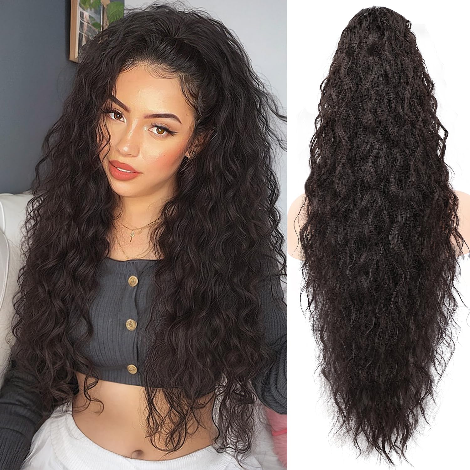 ORSUNCER claw-clip ponytail extension in black brown blends seamlessly with natural hair.