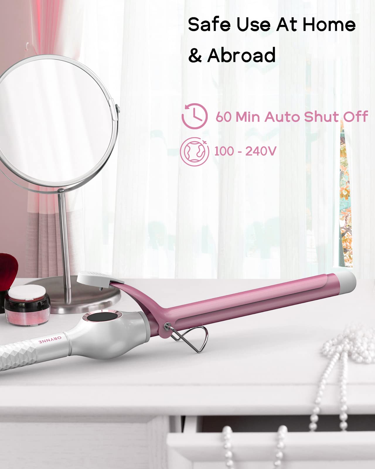 ORYNNE curling iron includes 60-minute auto shut-off and dual voltage for safety