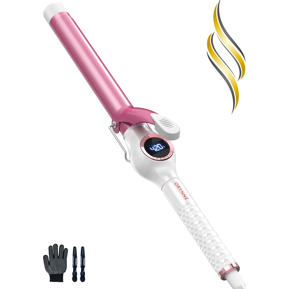 ORYNNE digital ceramic curling iron close-up heat glow for smooth curls.