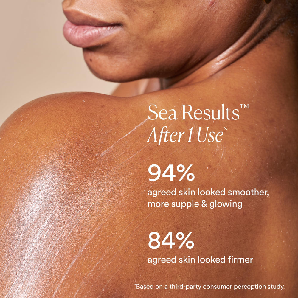 Full bottle view of OSEA anti-aging body balm on a clean surface.
