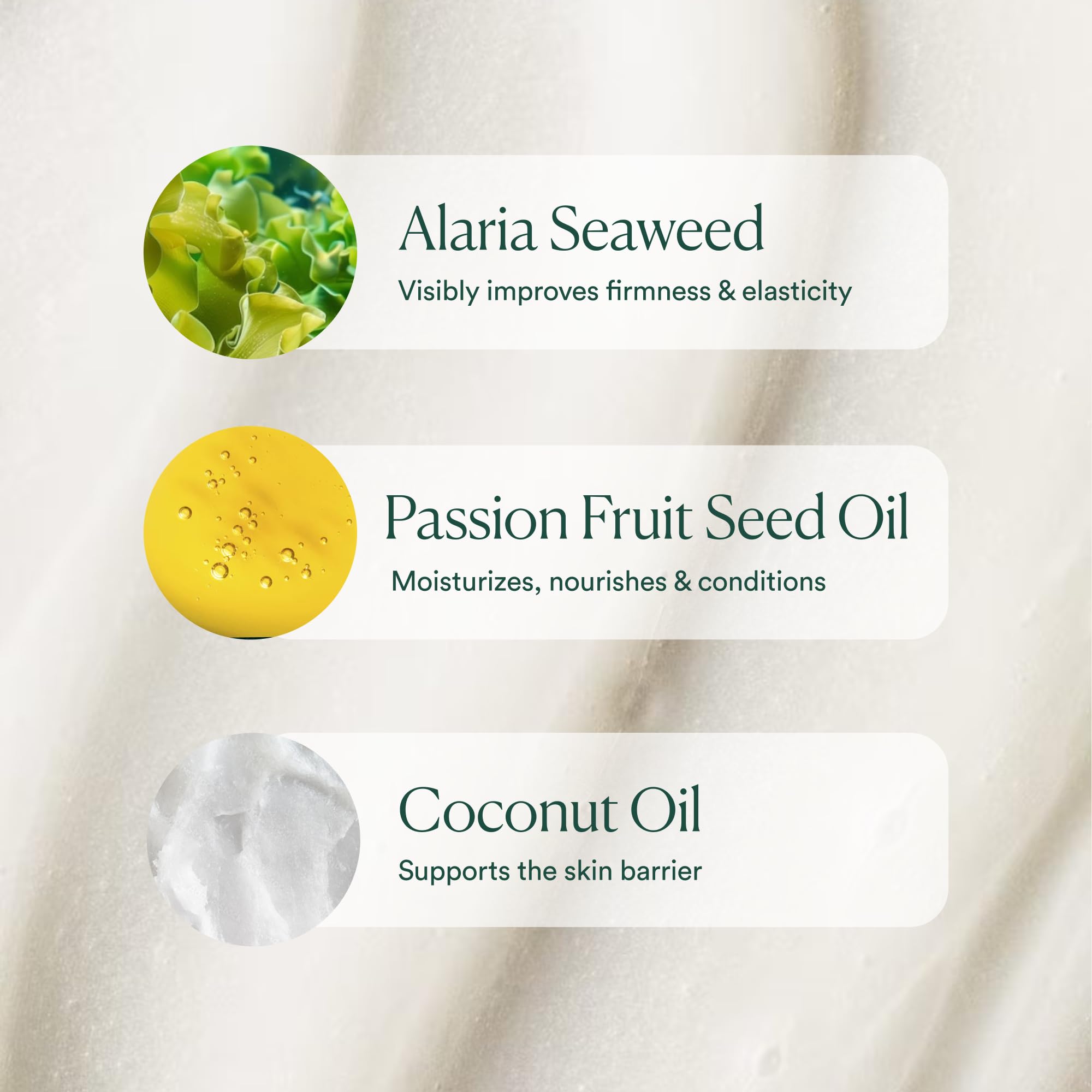 Nourishing oils blend on label: passion fruit, coconut, safflower for deep hydration.