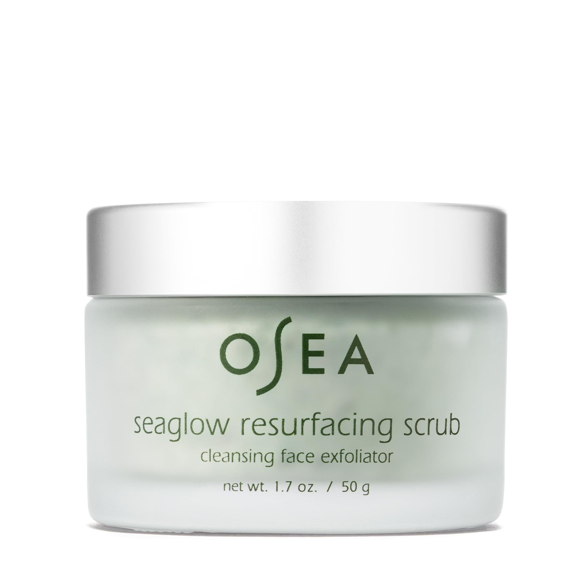 OSEA Seaglow resurfacing scrub jar close-up showing exfoliating texture for smoother skin
