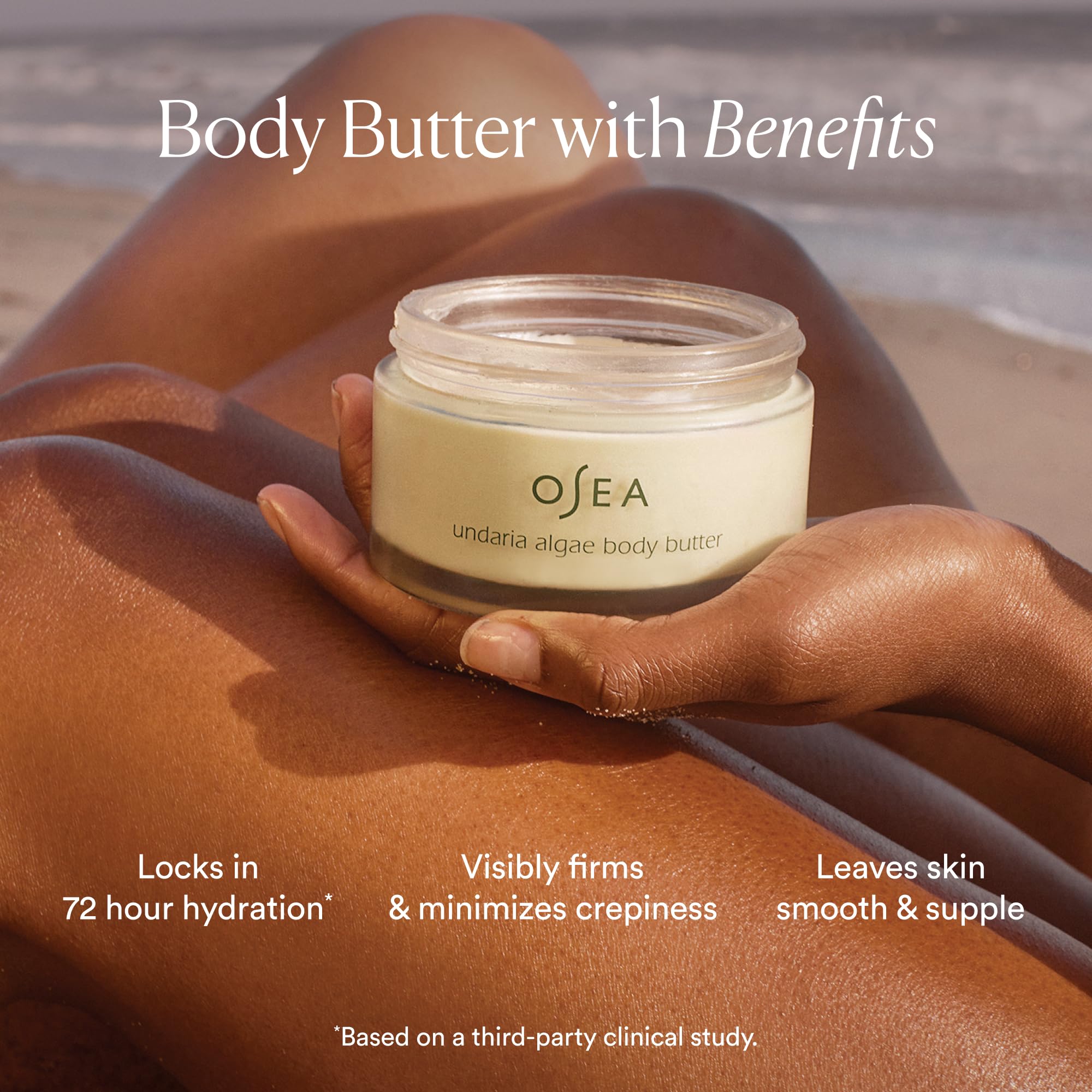 Applying on elbows and knees with OSEA Undaria Algae Body Butter for dryness