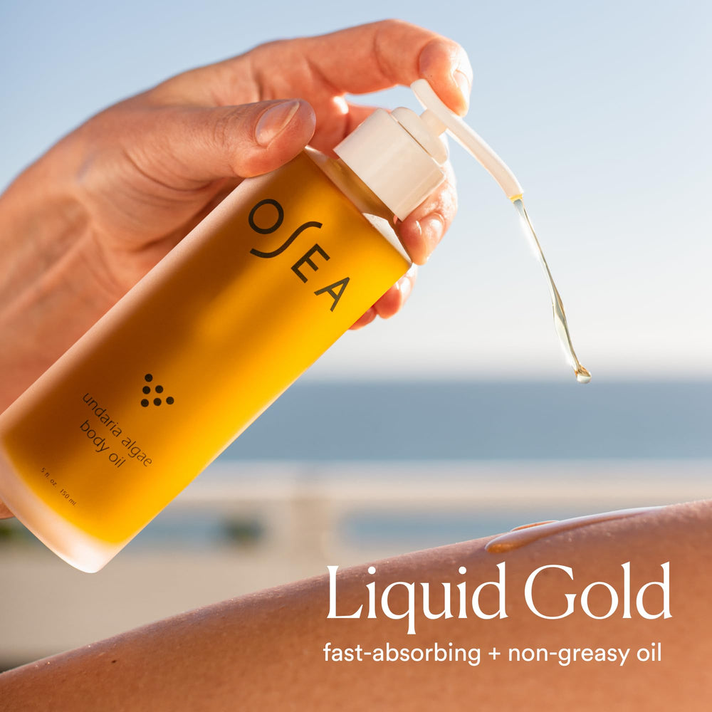 Damp-skin application of OSEA Undaria Algae Body Oil locks in moisture.