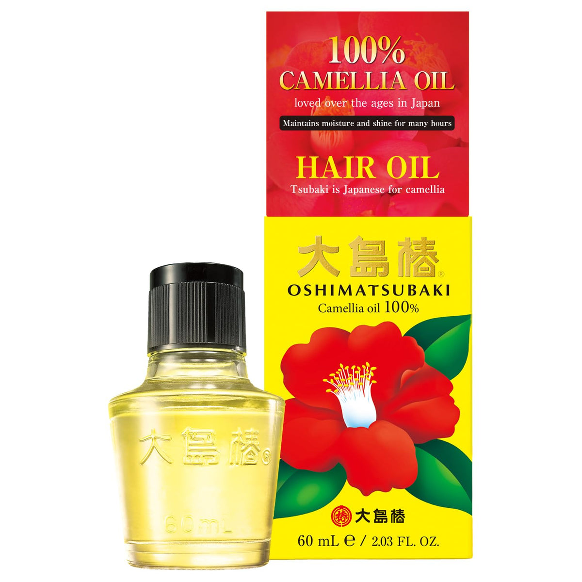 Oshima Tsubaki Camellia Seed Oil bottle in English packaging shows lightweight moisture for hair.