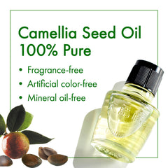Oshima Tsubaki Camellia Seed Oil bottle pour demonstrates easy application for hair.