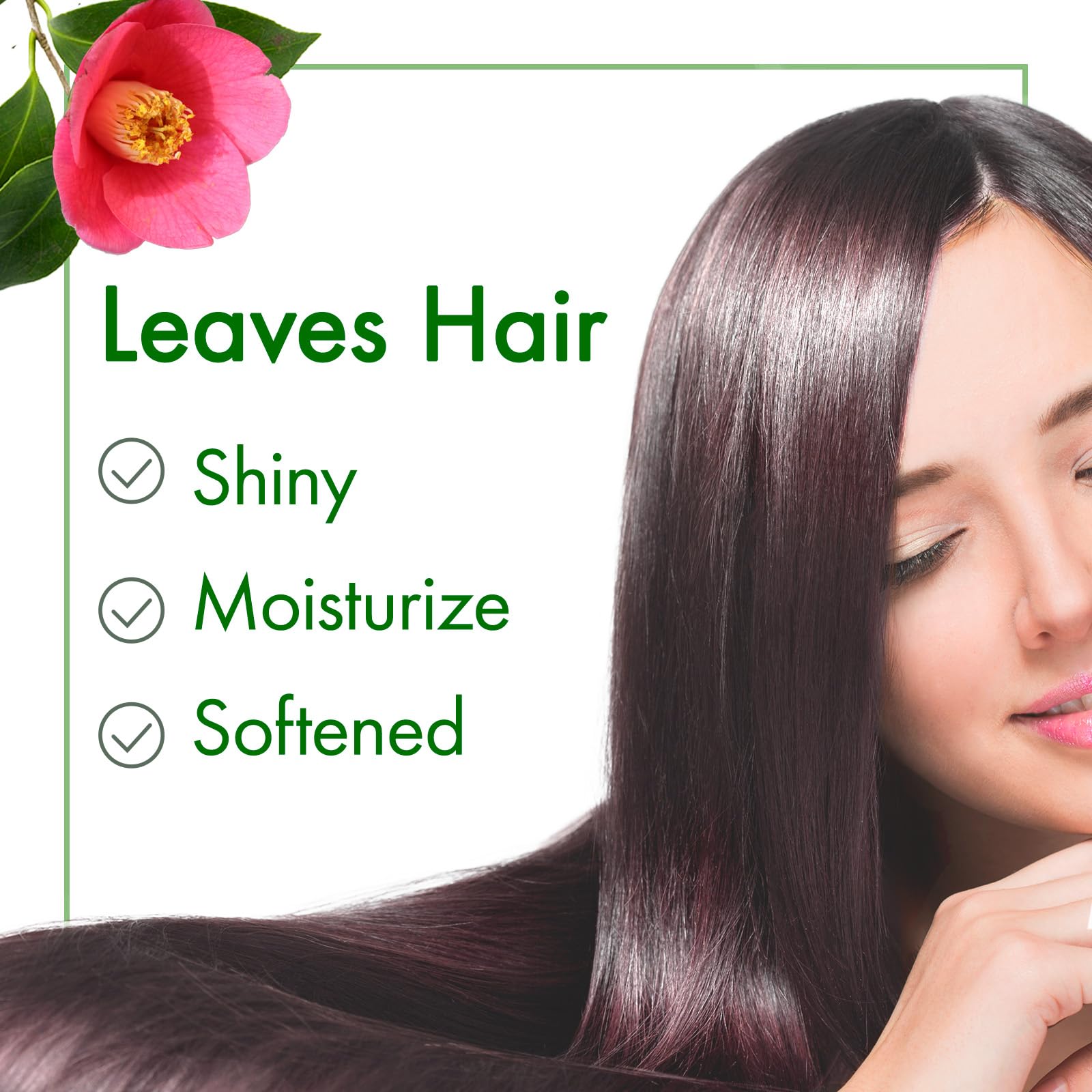 Oshima Tsubaki Camellia Seed Oil on hair emphasizes moisture and shine.