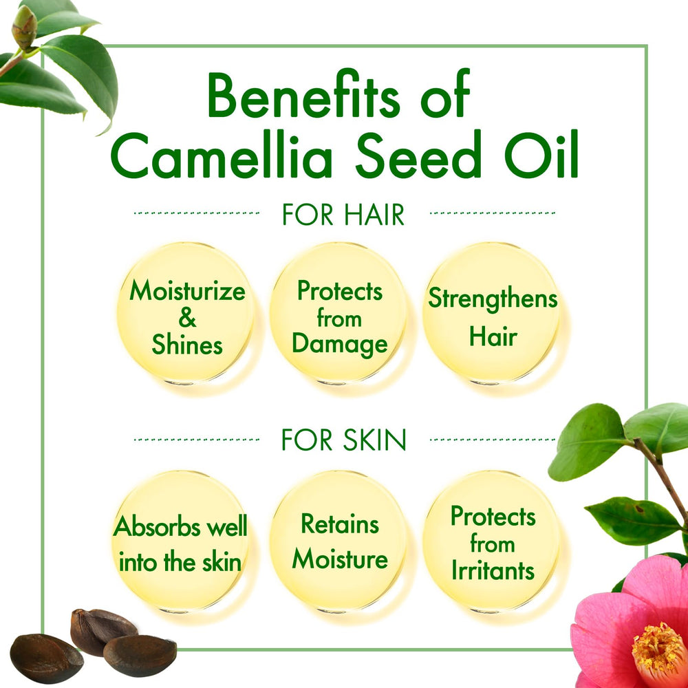 Oshima Tsubaki Camellia Seed Oil label closeup emphasizes pure, single-ingredient formula.