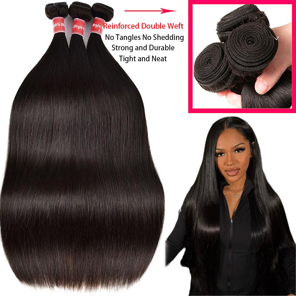 Oshiney Brazilian virgin straight bundles 26-30 inch highlights natural, silky texture.