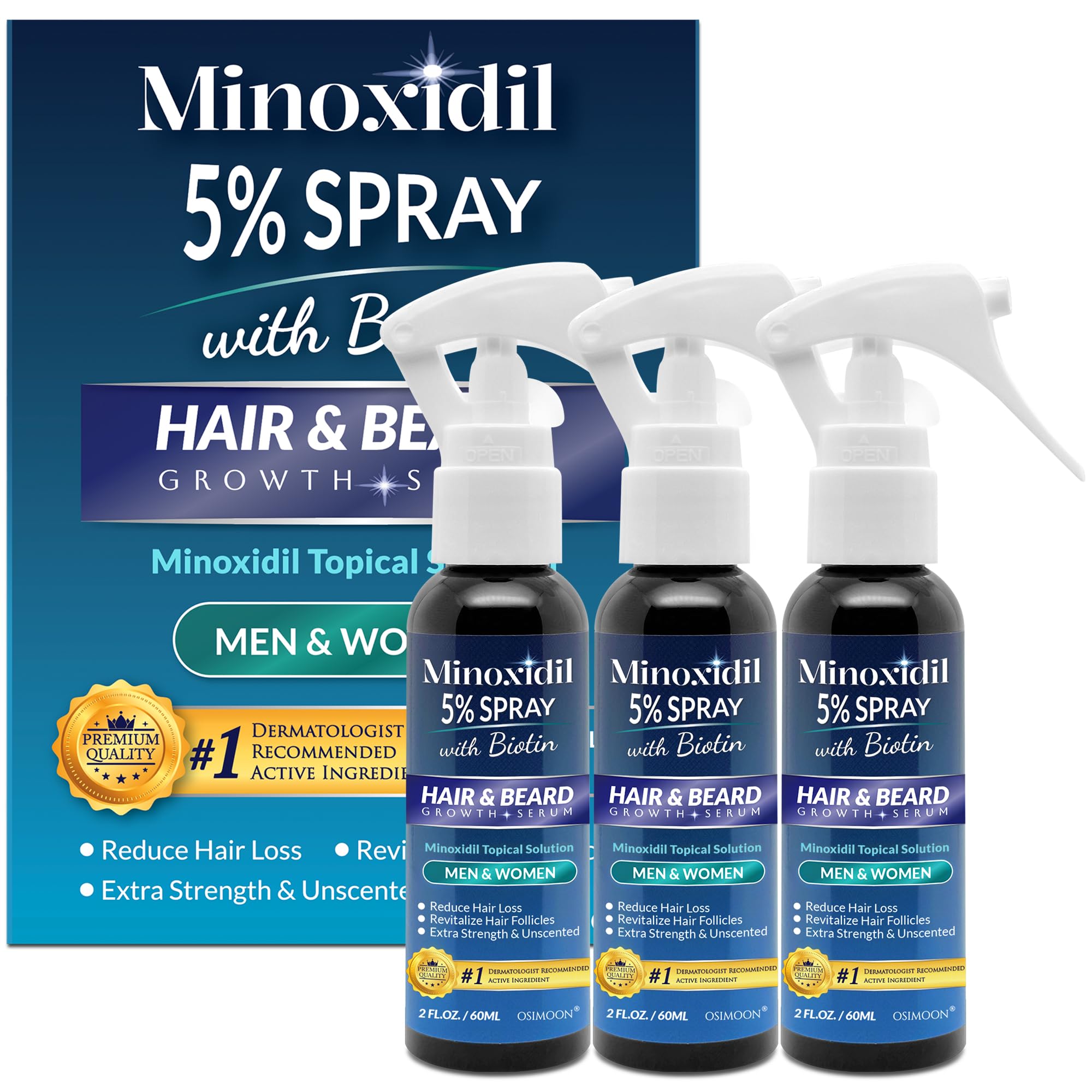 OSIMOON Minoxidil 5% spray bottle for hair regrowth.