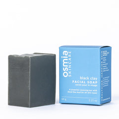Osmia natural black clay facial soap bar packaging highlights clean beauty and ingredient focus.
