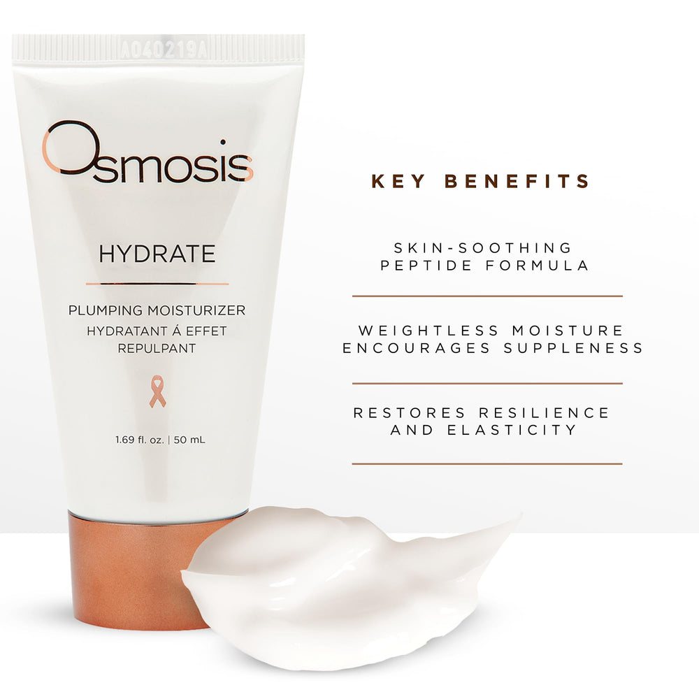 OSMOSIS Hydrate after-serum layer suggests a makeup-ready base with lightweight hydration.