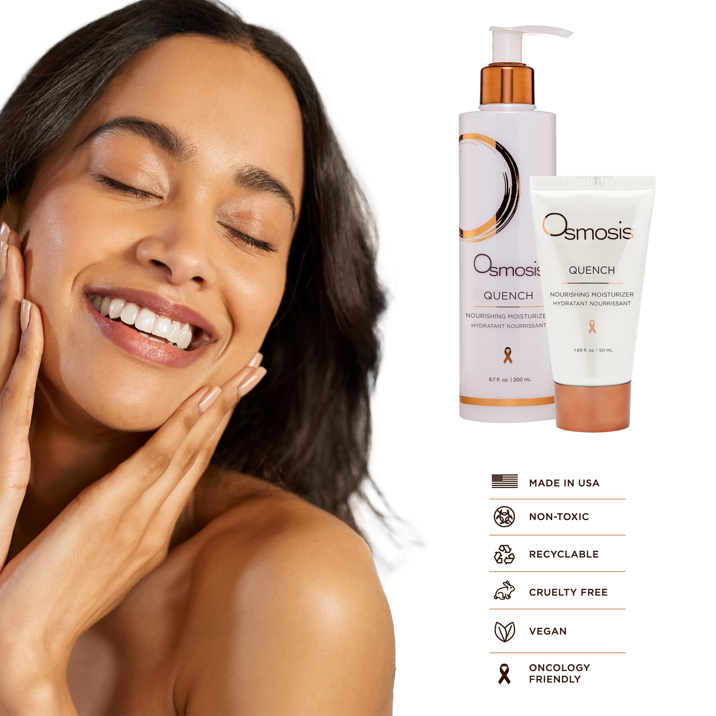 OSMOSIS QUENCH hyaluronic acid glow close-up highlighting plump skin potential.