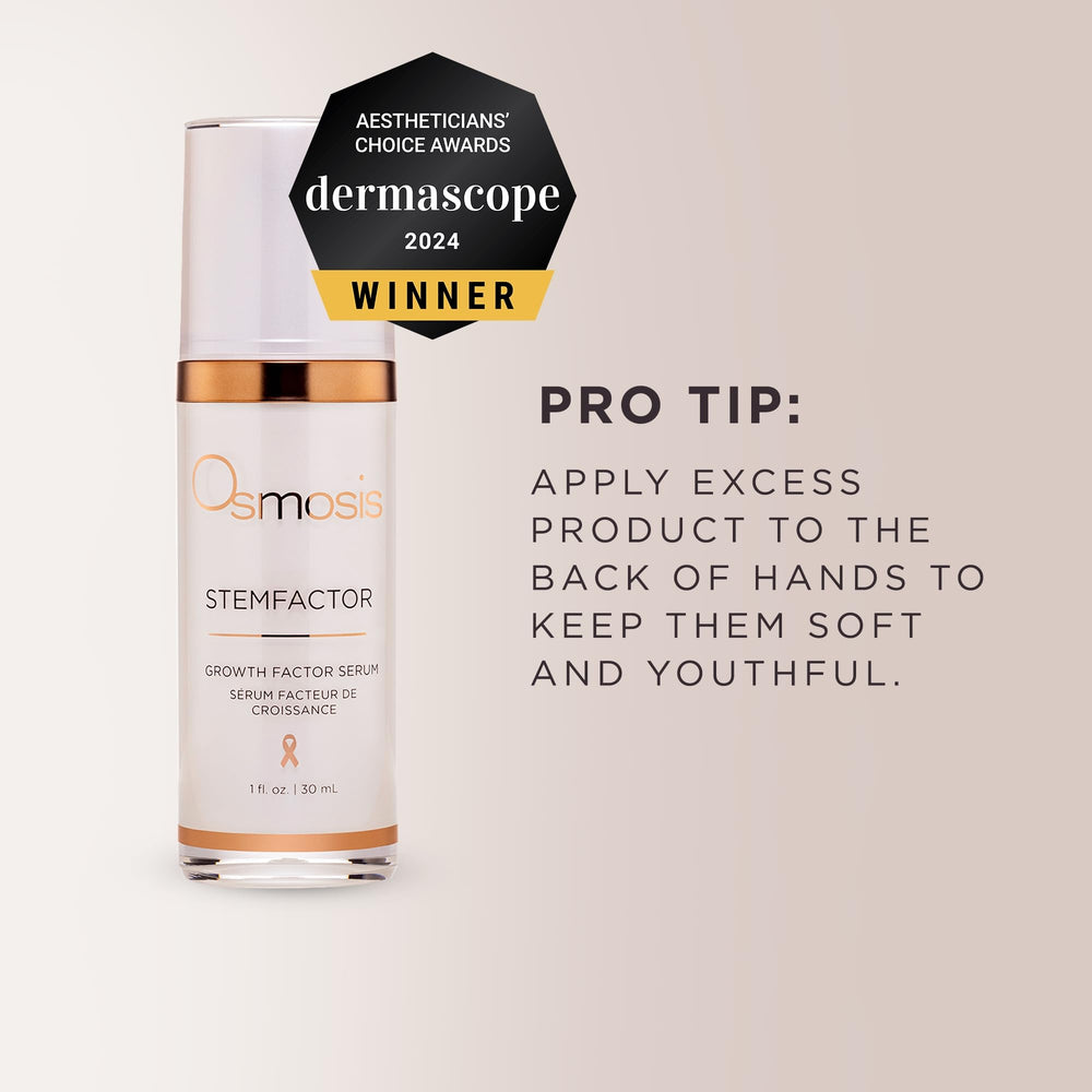 OSMOSIS StemFactor application scene suggests layerable use in morning skincare.
