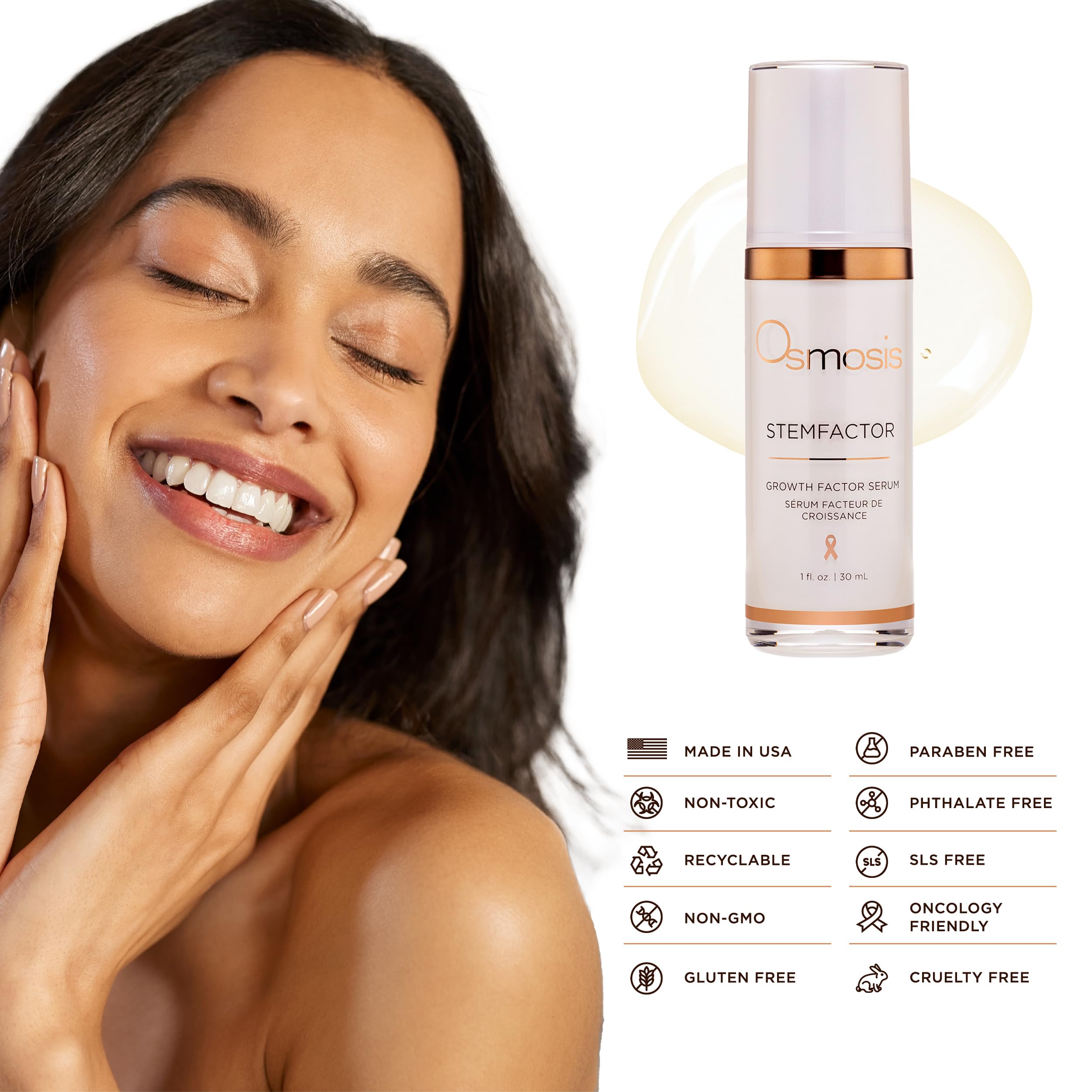 OSMOSIS StemFactor serum dropper close-up shows precise daily application.
