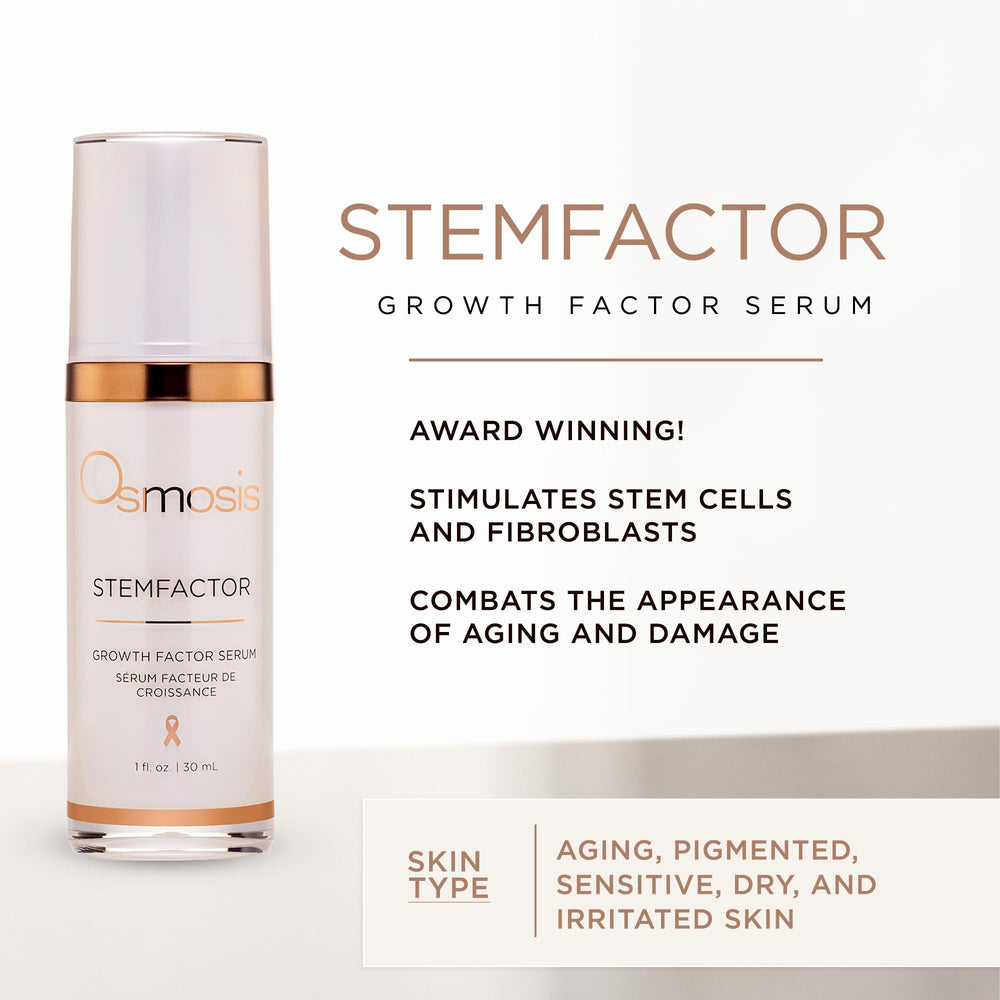 OSMOSIS StemFactor serum dropper close-up shows precise daily application.