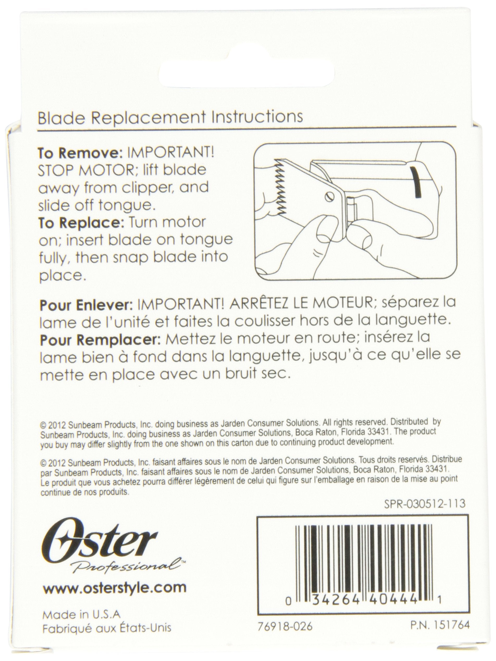Oster detachable blade USA-made closeup highlights durable high-carbon steel construction.