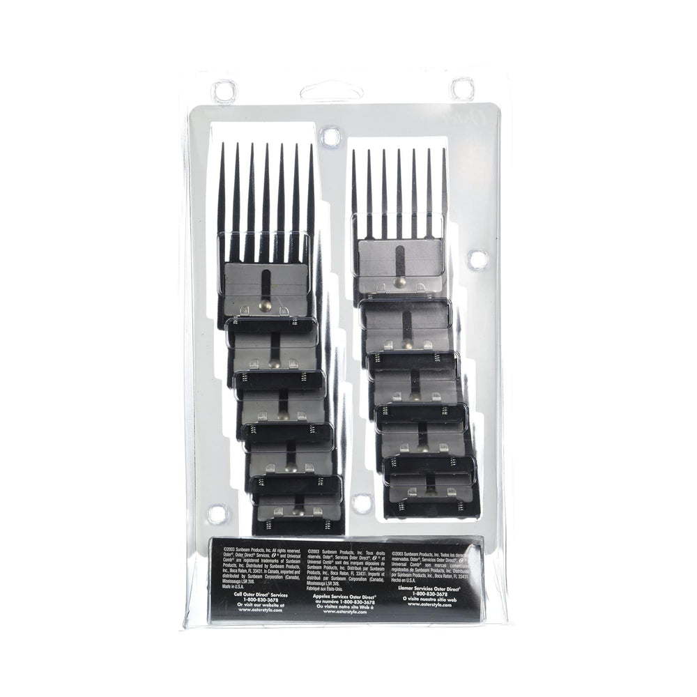 Oster Universal Combs Pouch Set displays size options range for precise cuts.