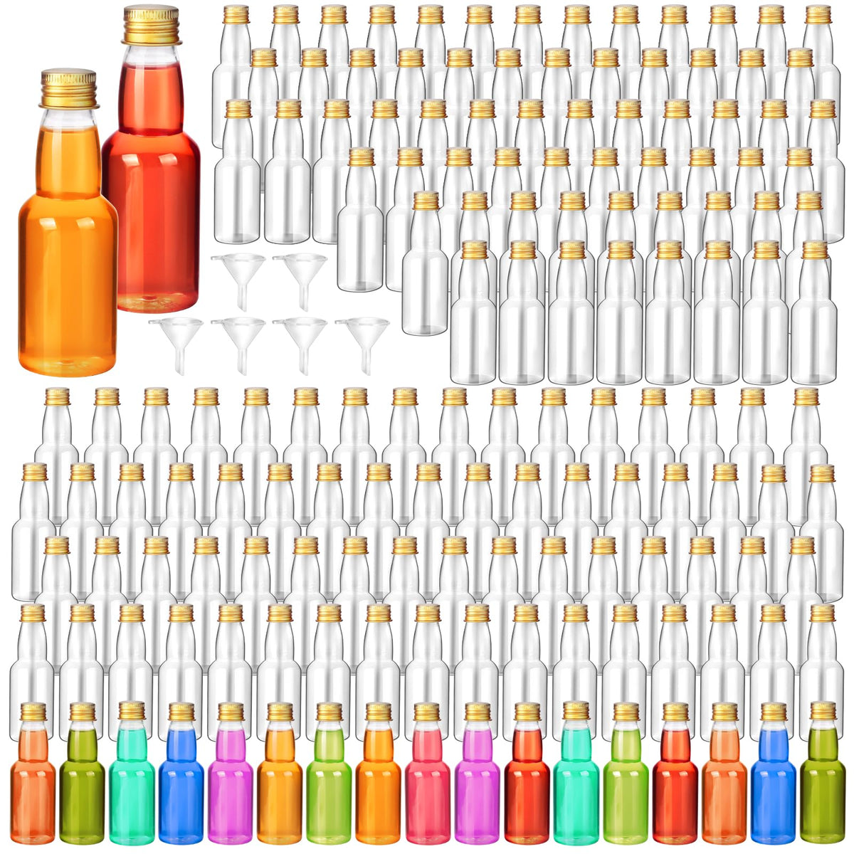 Otiamo 120-pack mini liquor bottles with caps, ideal for party favors and DIY drinks.