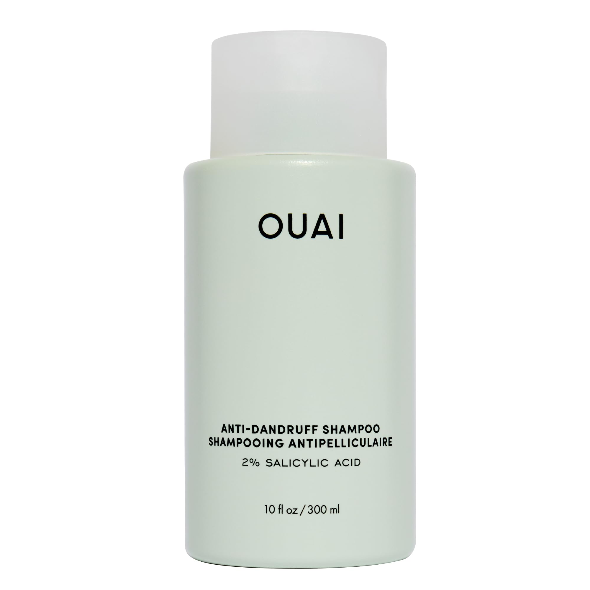 OUAI anti-dandruff shampoo bottle pour showing soothing scalp relief