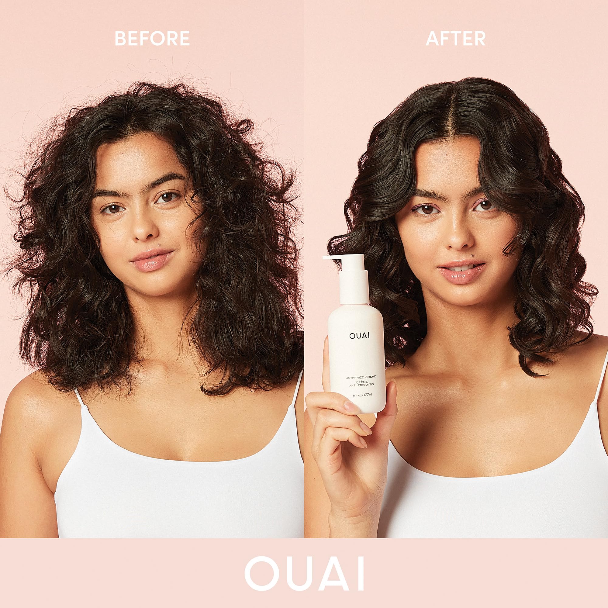 OUAI anti-frizz cream ends application demonstrates targeted frizz reduction at dry or mid-length ends.