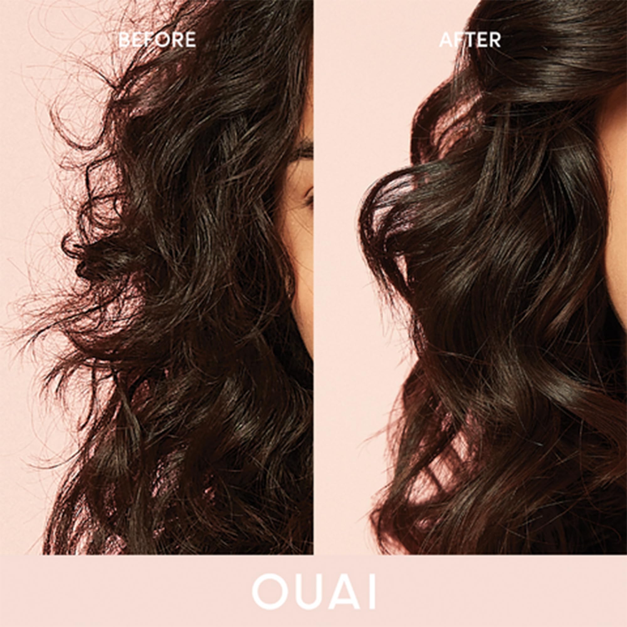 OUAI anti-frizz cream heat-protection graphic emphasizes up to 450°F shield for styling.