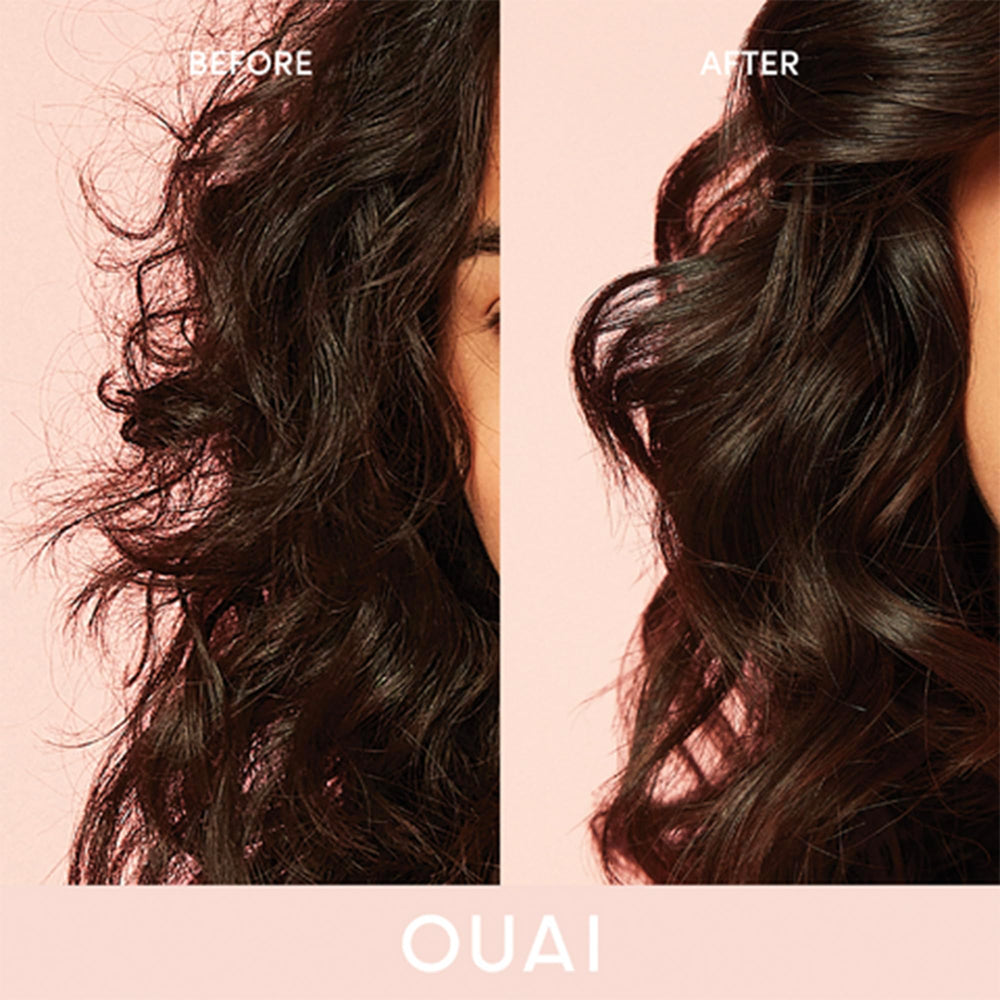 OUAI anti-frizz cream heat-protection graphic emphasizes up to 450°F shield for styling.